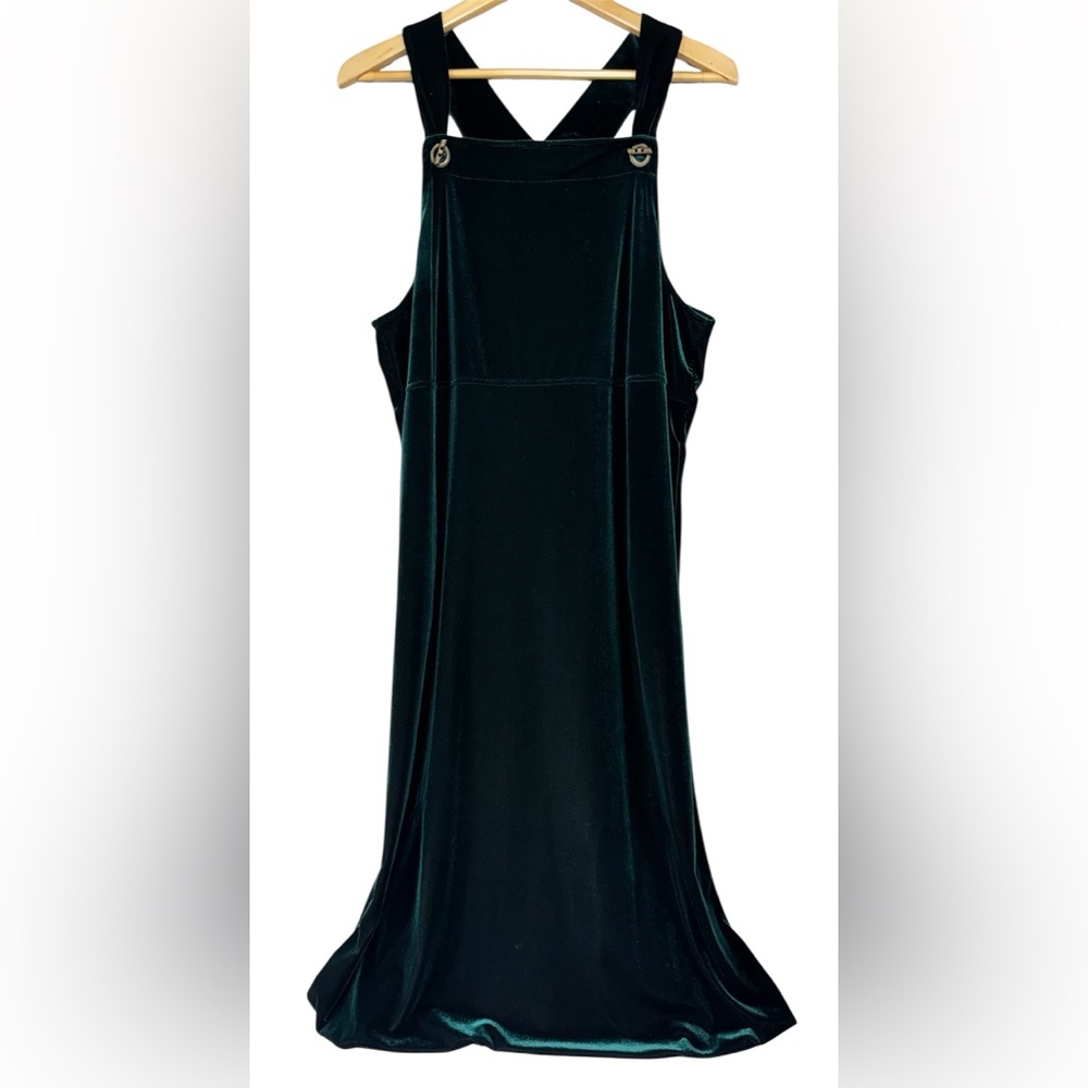 Vtg 90s Coldwater Creek Green Velvet Overall Jumper Dress Sz L